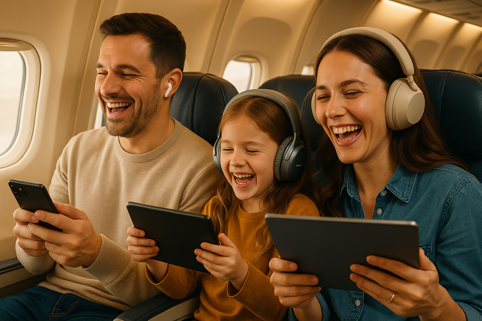 Generate an image of a family of three on an airplane ride laughing at their electronic devices. It should be a family of a man, woman, and daughter in the same row. They will each be wearing the following earbuds respectively: Nothing Ear (a), Sony XM5, Bose QuietComfort Ultra.